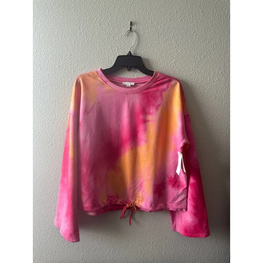 14th & Union Women's Tie Dye Drawstring Hem Shirt In Pink Orange - Picture 3 of 11